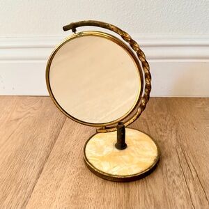 Vtg Brass Tabletop Vanity Mirror, Ornate Swivel Side Bar, Faux Alabaster Base 8”